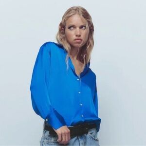 Zara Satin Effect Women's Blue Button-Up Top
